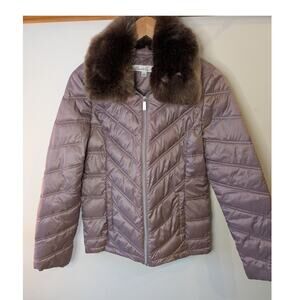 Kenneth Cole Taupe Mauve Puffer Jacket Removable Faux Fur Collar Small